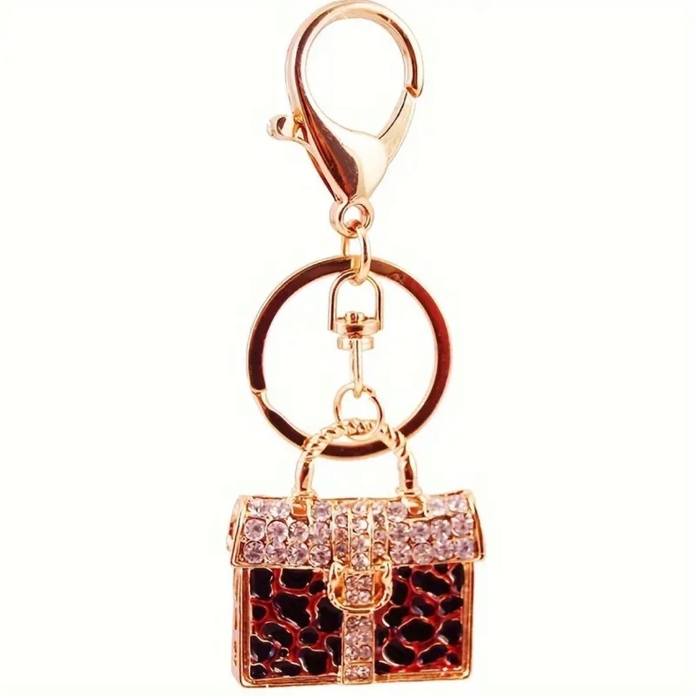 Bag Charm Gold red/black Leopard Print Purse Keychain - Picture 3 of 4